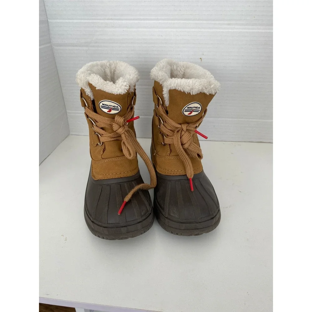 Nautica Jayce Youth Duck Boots Size 2 Tan Brown Faux Fur Lined Winter Snow